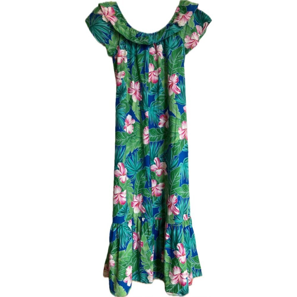 Hilo Hattie Blue & Green Tropical Floral Maxi Dress with Pink Flowers - Picture 2 of 8